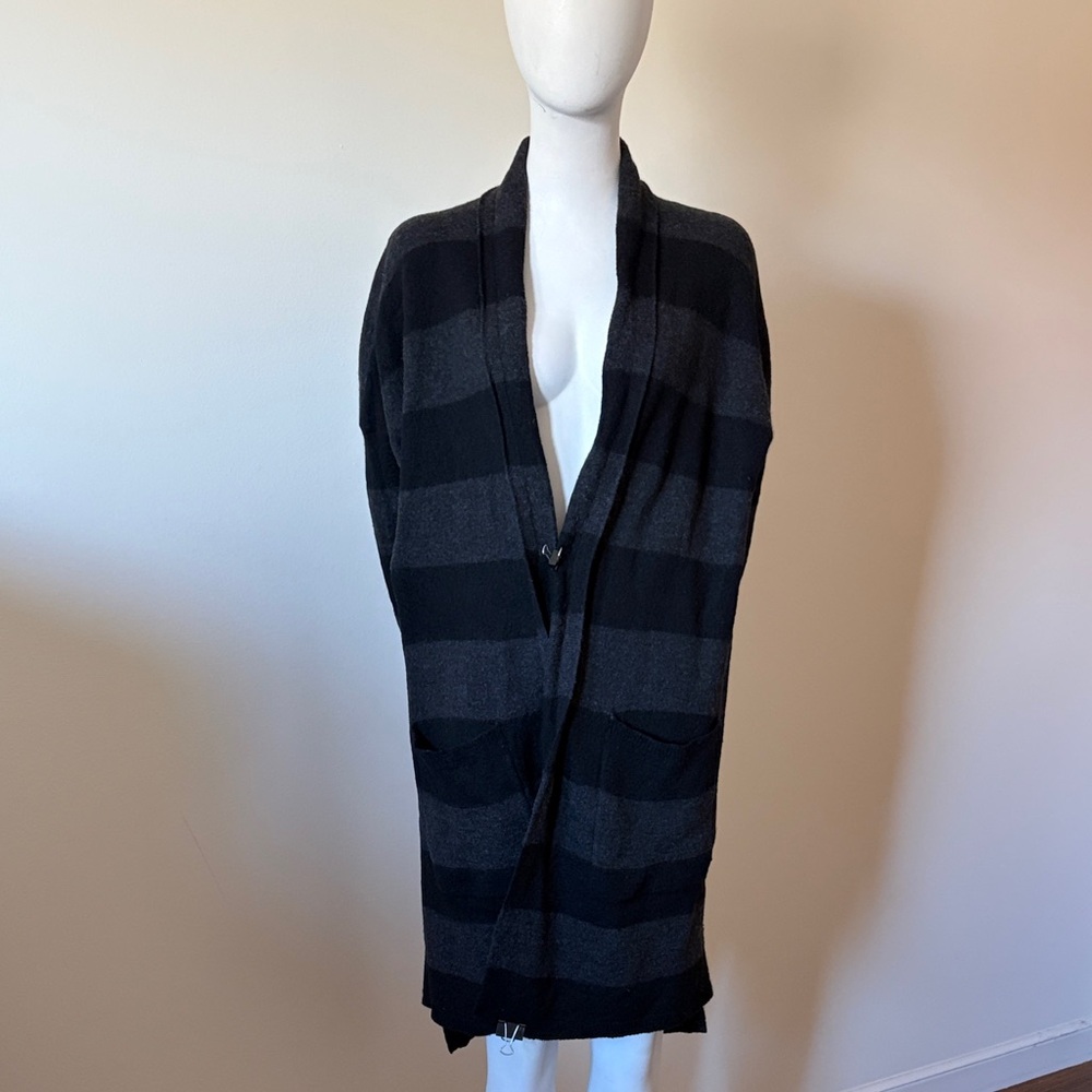 Eileen Fisher Striped Black and Gray 100% Merino Wool Cardigan